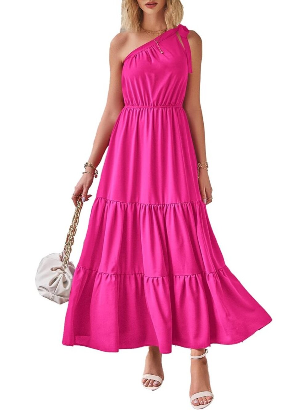 Women's Rose Red Sleeveless Tiered A Line One Shoulder Boho Floral Maxi Dress